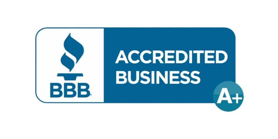 BBB Accredited Business logo with blue background, flame symbol on the left, and A+ rating badge on the right, conveying trust and excellence.