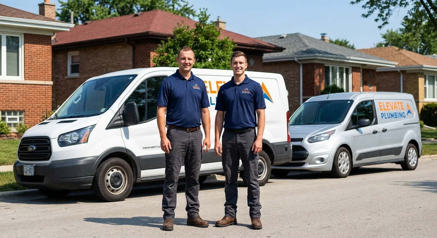 Elevate Plumbing owner David and his team standing proudly in front of their white and silver service vans in Park Ridge