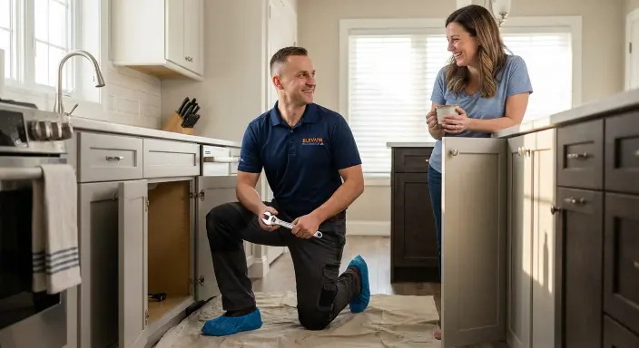 Friendly Elevate Plumbing technician kneeling on a drop cloth in a kitchen making eye contact and smiling with a relieved Park Ridge homeowner