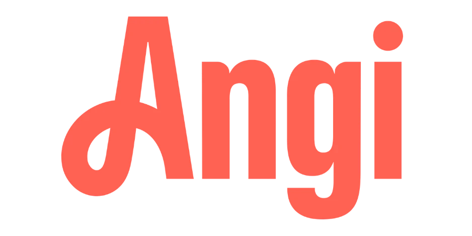 Red stylized logo of Angi. The design is bold and modern, with a prominent cursive loop.