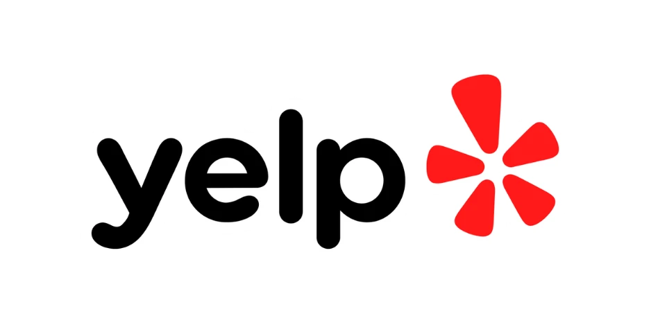 The image features the Yelp logo with the word yelp in lowercase, bold white letters outlined in black, next to a red starburst icon, on a black background.