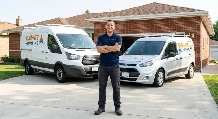 Elevate Plumbing owner David smiling confidently in a Park Ridge driveway in front of his white and silver commercial service vans