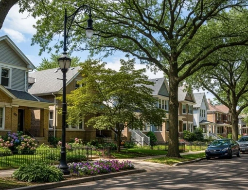 Beautiful, shaded residential street featuring historic homes and a vintage lamppost in Edison Park, a Chicago neighborhood proudly served by the Elevate Plumbing team.