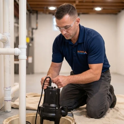 Elevate Plumbing technician carefully installing a new heavy duty sump pump in a clean Park Ridge basement