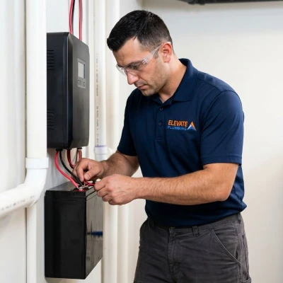 Elevate Plumbing technician carefully wiring a modern battery backup sump pump system in a clean Park Ridge basement
