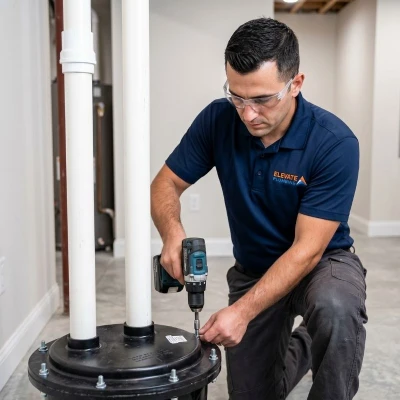Elevate Plumbing technician securing an airtight lid on a new ejector pump system in a clean Park Ridge basement