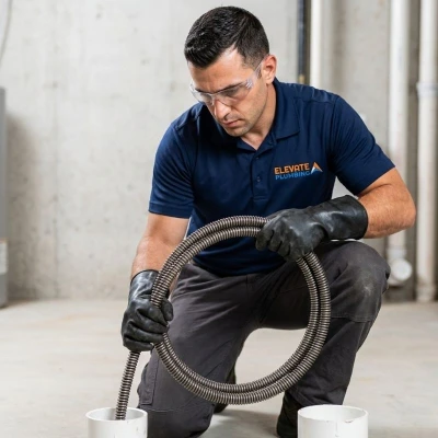 Elevate Plumbing technician wearing heavy duty gloves guiding a steel sewer rodding cable into a basement cleanout pipe