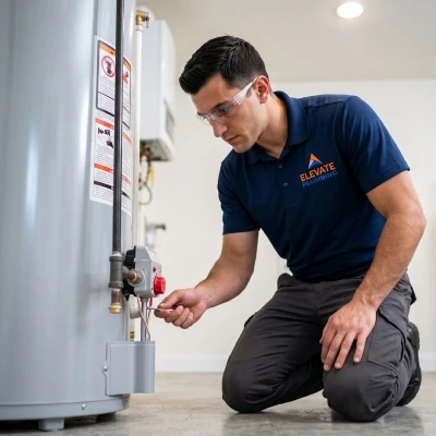 Experienced Elevate Plumbing master technician carefully adjusting the temperature dial on a new tank water heater in a clean utility room