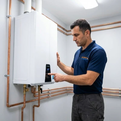 Professional Elevate Plumbing technician carefully adjusting the temperature dial on a new tank water heater in a clean utility room