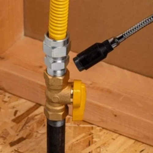 A technician testing a newly installed yellow corrugated gas line and brass control valve using an electronic gas leak detector sniffer.