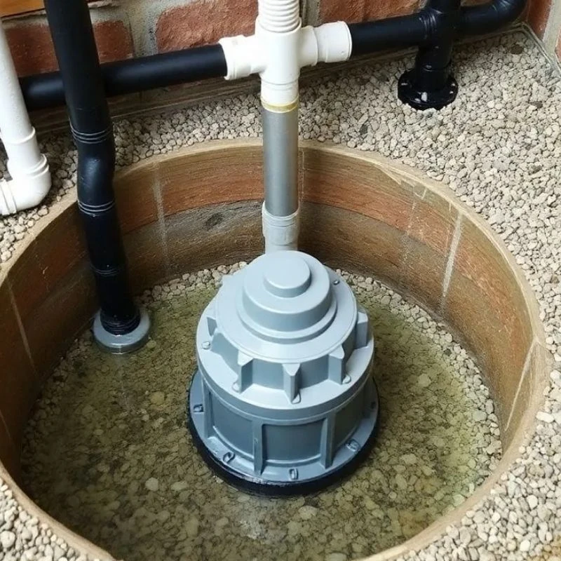 Custom heavy-duty sump pump installation featuring a modern sealed basin and proper gravel drainage inside a circular brick pit for a Park Ridge property.