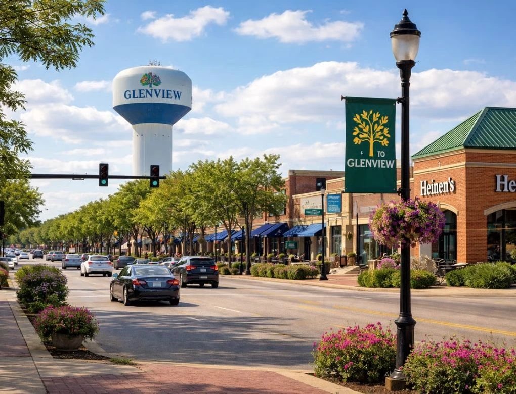Downtown Glenview streetscape featuring the city water tower, street banners, and local storefronts.