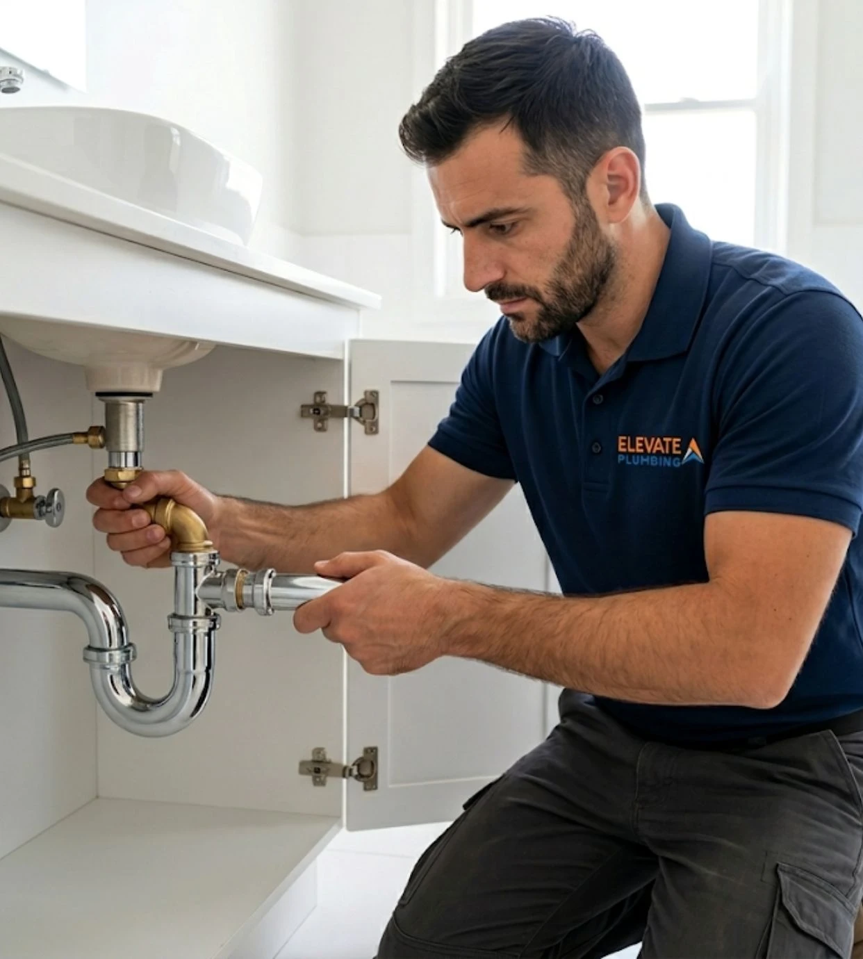 Elevate Plumbing expert carefully repairing pipes under a clean modern bathroom vanity