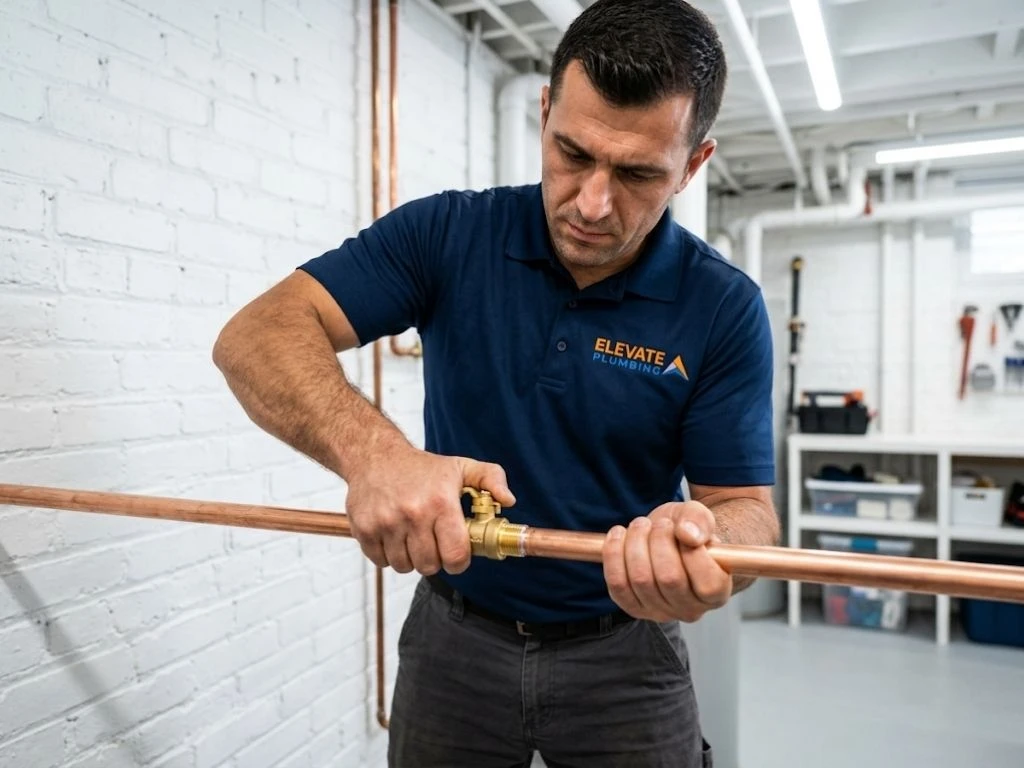 Elevate Plumbing expert upgrading aging pipes with new copper plumbing in a clean Evanston home