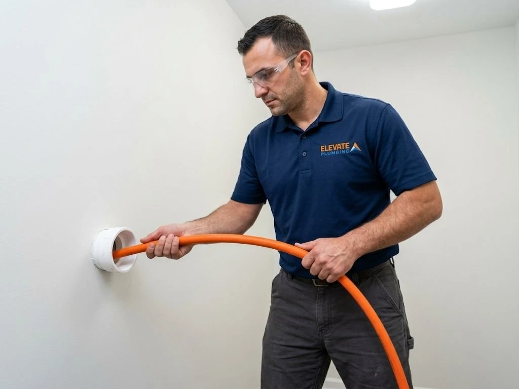 Elevate Plumbing expert wearing safety glasses while feeding a hydro jetting hose into a drain in Elk Grove Village