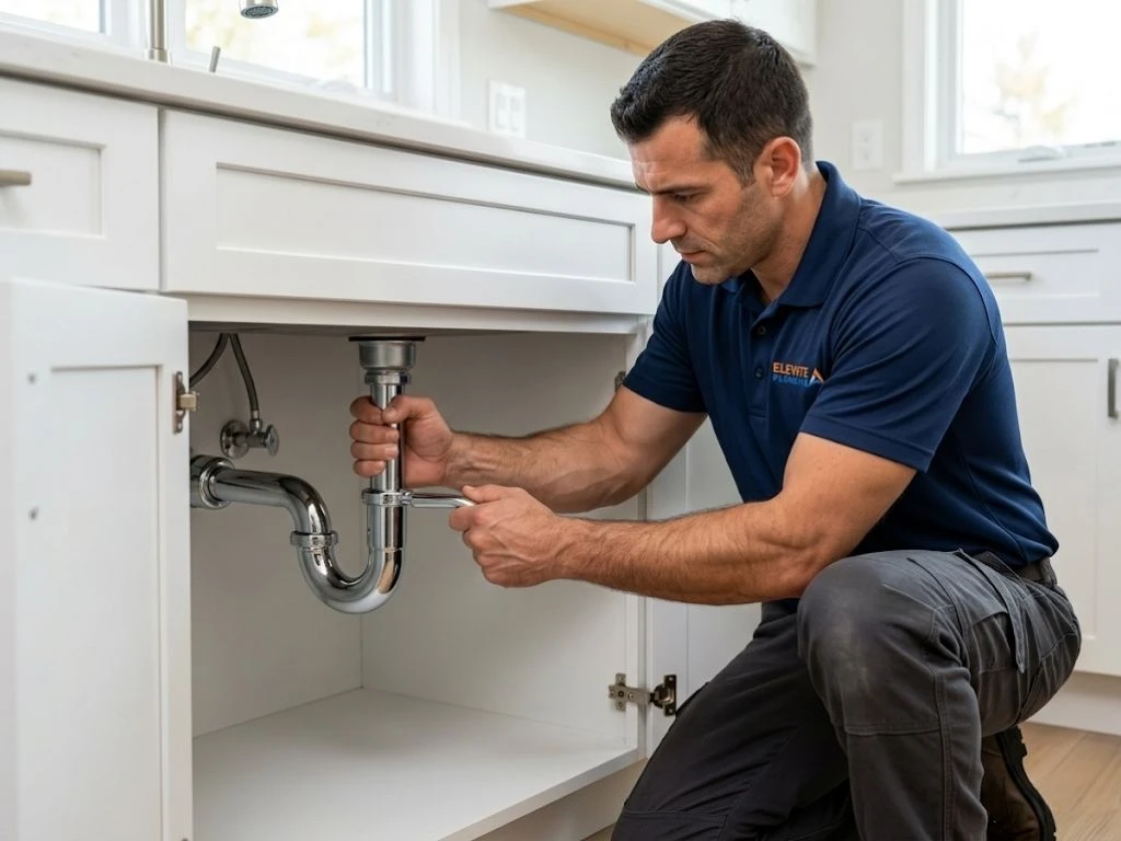 Elevate Plumbing professional actively repairing a leaking pipe under a kitchen sink in an Elk Grove Village home