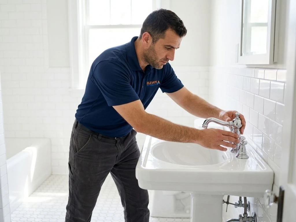 Elevate Plumbing professional carefully installing a vintage style chrome faucet in a historic Evanston bathroom