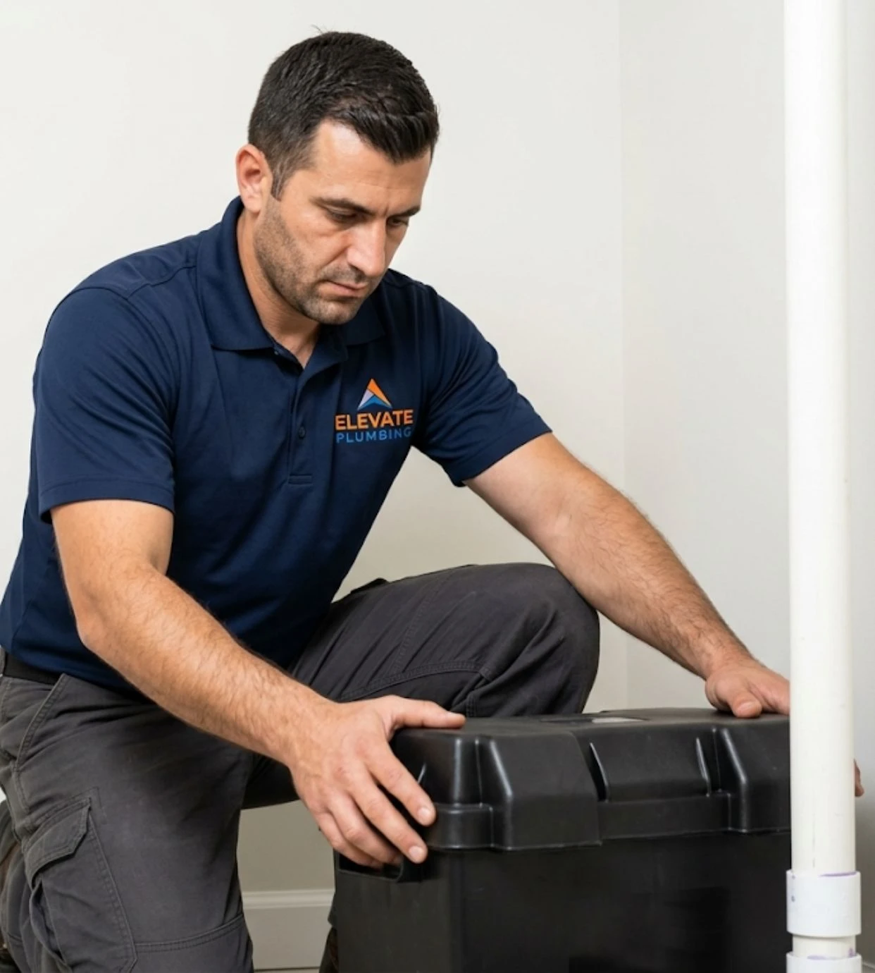 Elevate Plumbing professional installing a smart battery backup sump pump system to prevent flooded basements