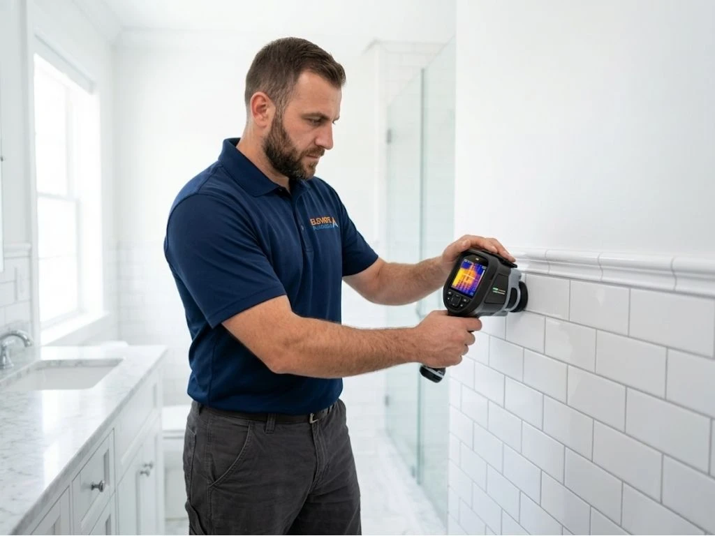 Elevate Plumbing professional using a digital thermal scanner for leak detection on a bathroom wall in Glenview