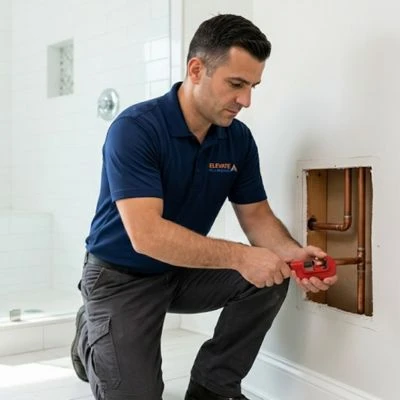 Elevate Plumbing professional using a red pipe cutter tool to repair copper pipes inside a bathroom wall cutout.
