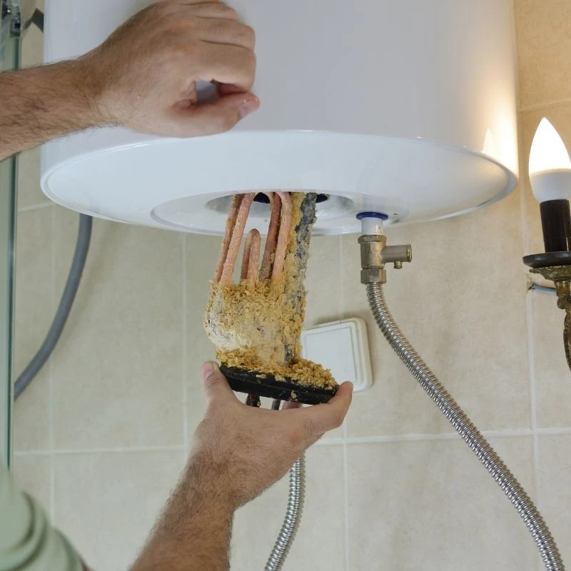 Elevate Plumbing technician removing a heavily calcified heating element from an electric tank during a professional water heater repair service in Park Ridge.