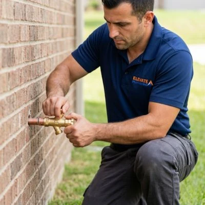 Elevate Plumbing technician repairing an outdoor water spigot on the exterior brick wall of a home.