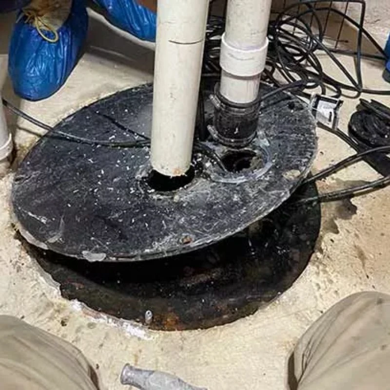 Elevate Plumbing technician wearing protective shoe covers opening a failed sewage ejector pump pit to diagnose a basement bathroom plumbing backup in a Skokie home.