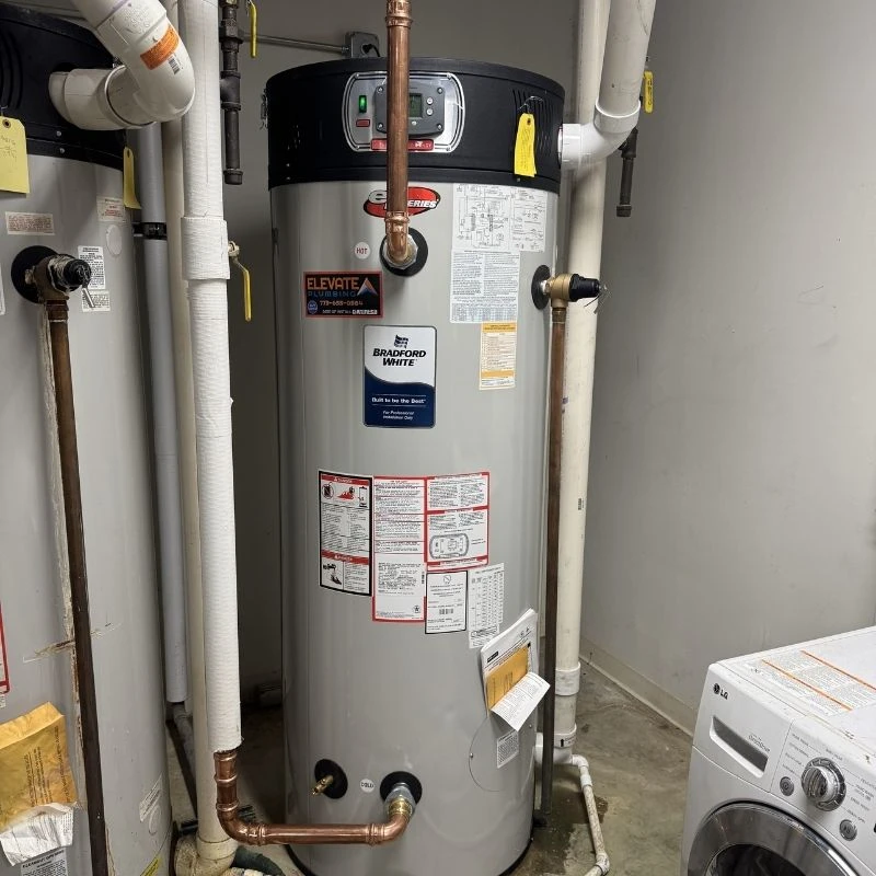 Energy-efficient Bradford White eF Series gas tank water heater professionally installed by Elevate Plumbing in a Skokie residential utility room.
