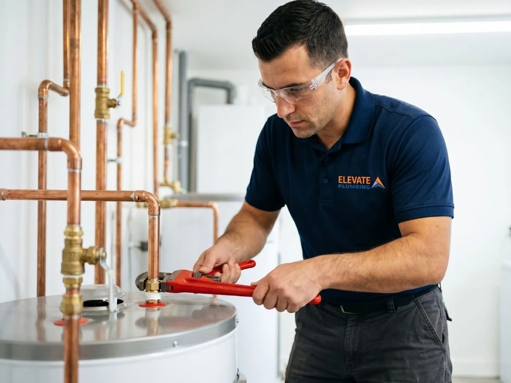 Licensed Elevate Plumbing expert meticulously working on copper pipes in a bright clean utility room