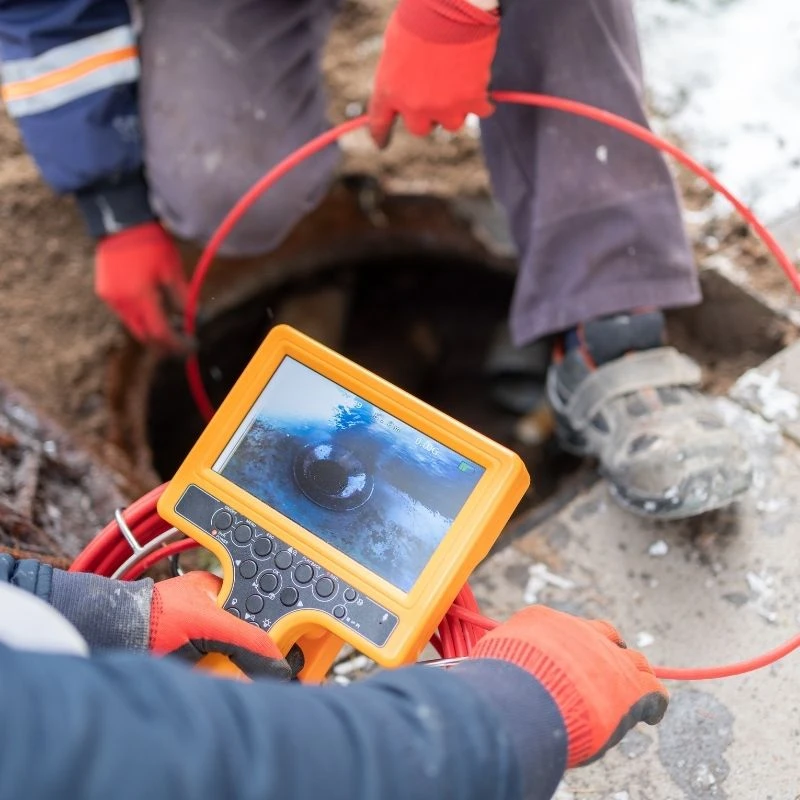 Local plumbers performing a high-definition video camera inspection to locate a severe underground blockage before sewer rodding in Niles.