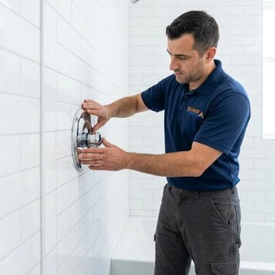 Plumber installing a new chrome shower valve trim on a white tiled bathroom wall.