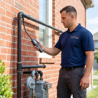 Plumber using a digital gas leak detector wand to inspect an exterior gas meter and black iron pipes.