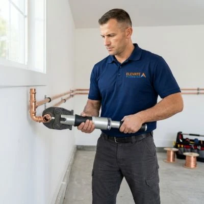 Plumber using a heavy-duty pro press tool to secure copper piping connections during a residential installation.