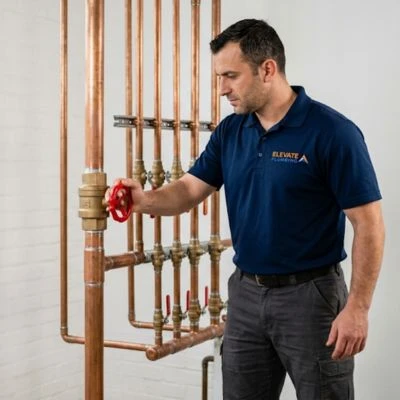 Plumbing professional adjusting a red manual shut-off valve on a large commercial copper water pipe manifold.