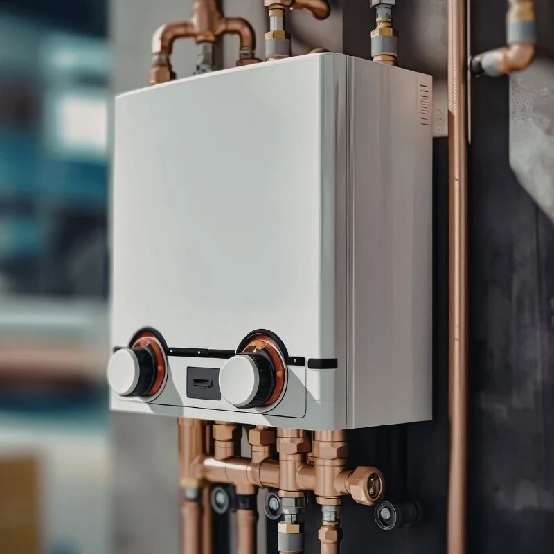Premium tankless water heater installation showcasing a custom, precision-crafted copper piping manifold to provide endless hot water for a Niles homeowner.