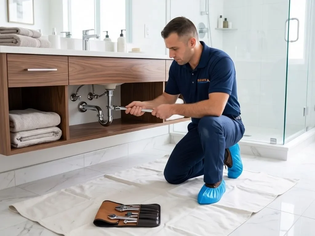 Elevate Plumbing technician wearing protective shoe covers and using a drop cloth while working in a clean Park Ridge home